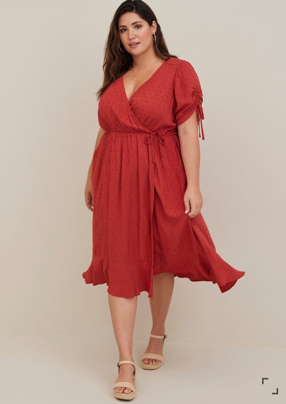 TORRID Burnt Orange Swiss Dot Midi Linen Blend Surplice Dress // 4X